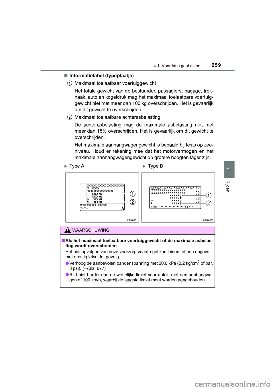 TOYOTA HILUX 2019 Instructieboekje (in Dutch) 2594-1. Voordat u gaat rijden
4
Rijden
HILUX_OM_OM0K375E_(EE)■
Informatielabel (typeplaatje)
Maximaal toelaatbaar voertuiggewicht
Het totale gewicht van de bestuurder, passagiers, bagage, tr TOYOTA HILUX 2019 Instructieboekje (in Dutch) 2594-1. Voordat u gaat rijden
4
Rijden
HILUX_OM_OM0K375E_(EE)■
Informatielabel (typeplaatje)
Maximaal toelaatbaar voertuiggewicht
Het totale gewicht van de bestuurder, passagiers, bagage, tr