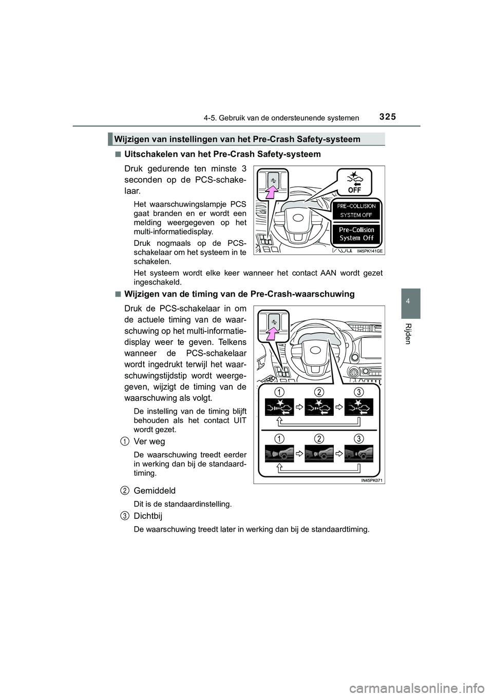 TOYOTA HILUX 2019 Instructieboekje (in Dutch) 3254-5. Gebruik van de ondersteunende systemen
4
Rijden
HILUX_OM_OM0K375E_(EE)■
Uitschakelen van het Pre-Crash Safety-systeem
Druk gedurende ten minste 3
seconden op de PCS-schake-
laar.
Het TOYOTA HILUX 2019 Instructieboekje (in Dutch) 3254-5. Gebruik van de ondersteunende systemen
4
Rijden
HILUX_OM_OM0K375E_(EE)■
Uitschakelen van het Pre-Crash Safety-systeem
Druk gedurende ten minste 3
seconden op de PCS-schake-
laar.
Het