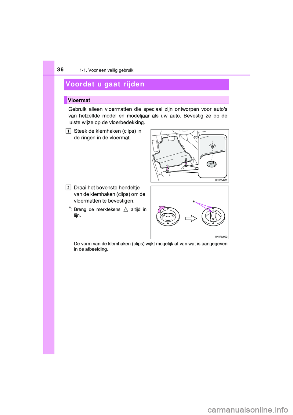 TOYOTA HILUX 2019  Instructieboekje (in Dutch) 361-1. Voor een veilig gebruik
HILUX_OM_OM0K375E_(EE)
Voordat u gaat rijden
Gebruik  alleen  vloermatten  die  speciaal  zijn  ontworpen  voor  auto's
van  hetzelfde  model  en  modeljaar  als  uw