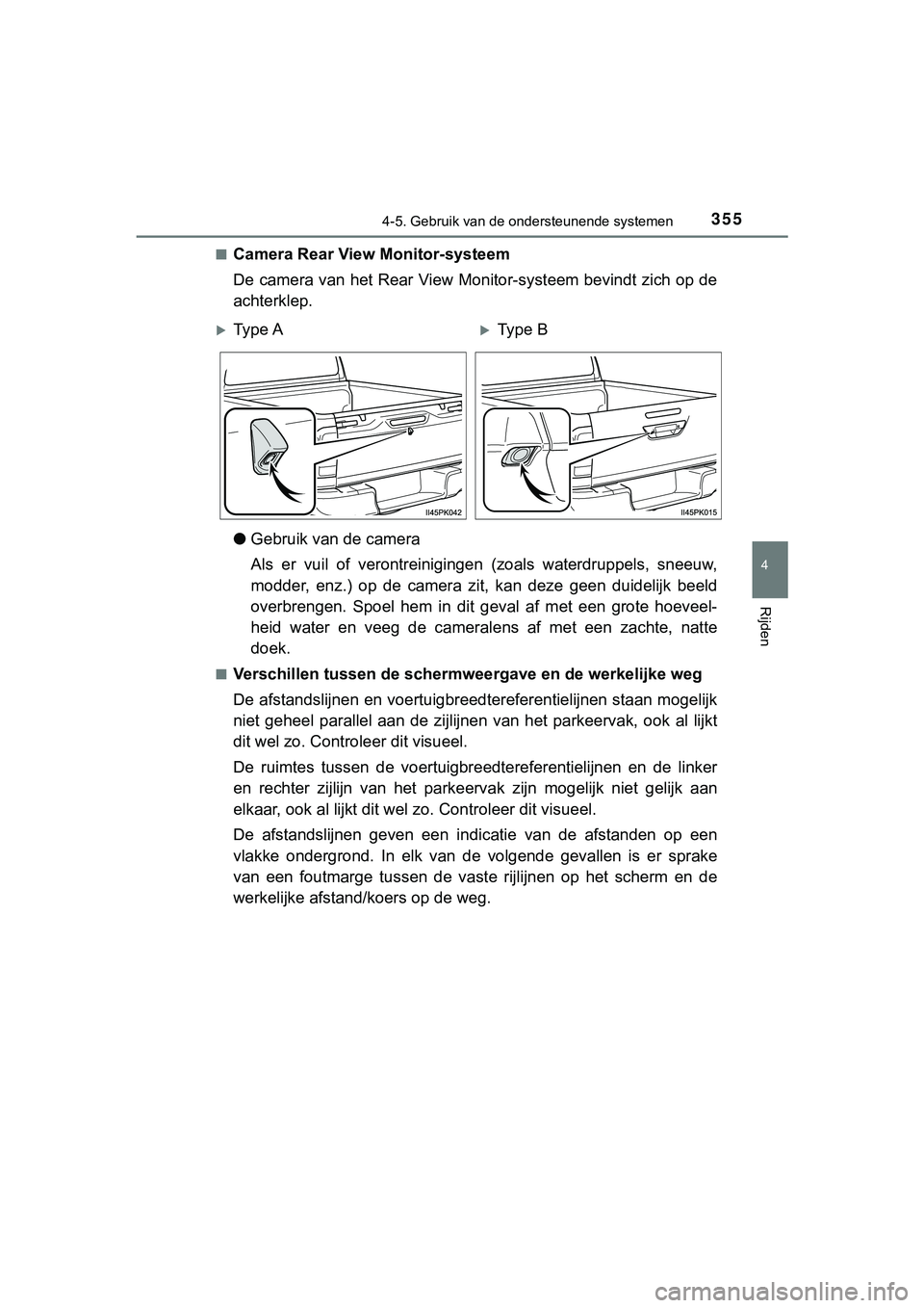 TOYOTA HILUX 2019 Instructieboekje (in Dutch) 3554-5. Gebruik van de ondersteunende systemen
4
Rijden
HILUX_OM_OM0K375E_(EE)■
Camera Rear View Monitor-systeem
De camera van het Rear View Monitor-systeem bevindt zich op de
achterklep.
●
Gebrui TOYOTA HILUX 2019 Instructieboekje (in Dutch) 3554-5. Gebruik van de ondersteunende systemen
4
Rijden
HILUX_OM_OM0K375E_(EE)■
Camera Rear View Monitor-systeem
De camera van het Rear View Monitor-systeem bevindt zich op de
achterklep.
●
Gebrui