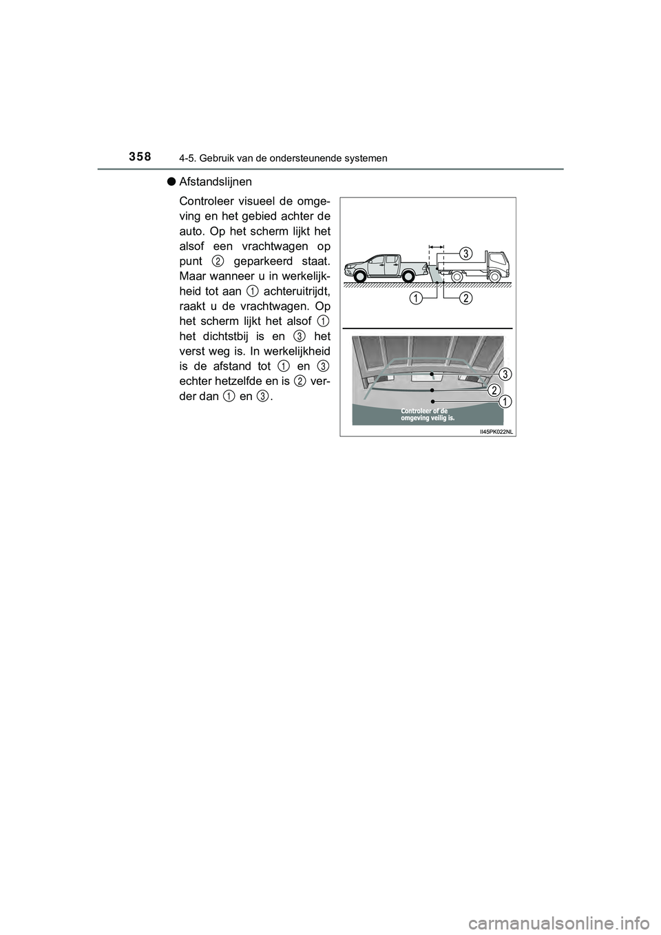 TOYOTA HILUX 2019  Instructieboekje (in Dutch) 3584-5. Gebruik van de ondersteunende systemen
HILUX_OM_OM0K375E_(EE)
●Afstandslijnen
Controleer  visueel  de  omge-
ving  en  het  gebied  achter  de
auto.  Op  het  scherm  lijkt  het
alsof  een  