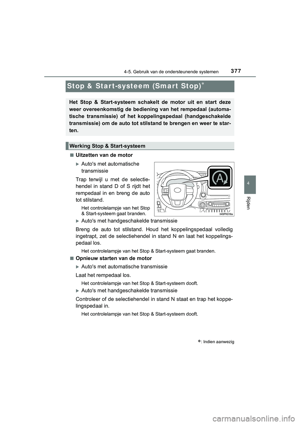 TOYOTA HILUX 2019 Instructieboekje (in Dutch) 377
4
4-5. Gebruik van de ondersteunende systemen
Rijden
HILUX_OM_OM0K375E_(EE)
Stop & Start-systeem (Smart Stop)
■Uitzetten van de motor
Auto's met automatische
transmissie
Trap terwijl TOYOTA HILUX 2019 Instructieboekje (in Dutch) 377
4
4-5. Gebruik van de ondersteunende systemen
Rijden
HILUX_OM_OM0K375E_(EE)
Stop & Start-systeem (Smart Stop)
■Uitzetten van de motor
Auto's met automatische
transmissie
Trap terwijl