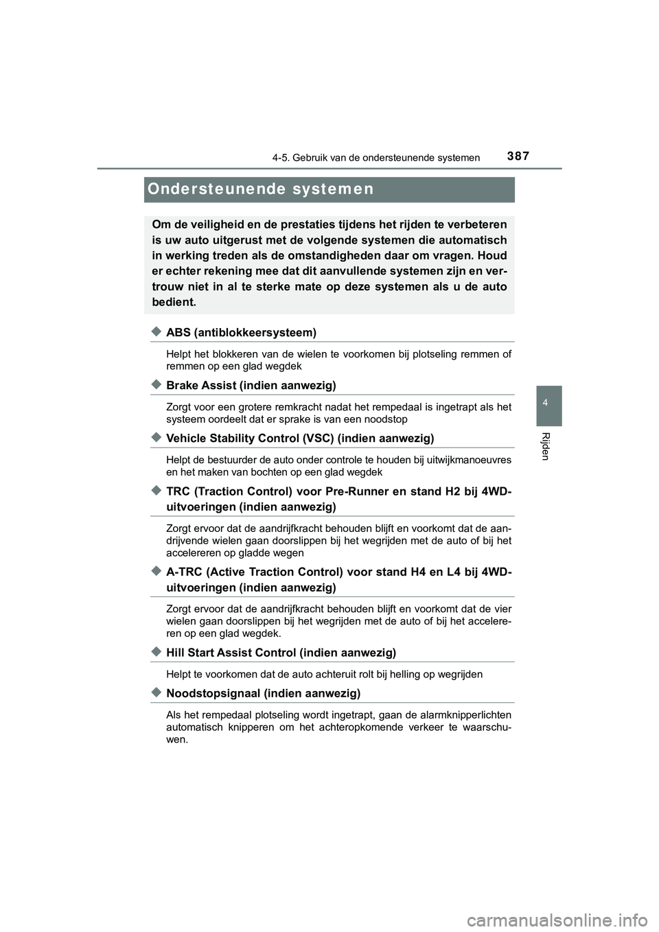 TOYOTA HILUX 2019 Instructieboekje (in Dutch) 387
4
4-5. Gebruik van de ondersteunende systemen
Rijden
HILUX_OM_OM0K375E_(EE)
Ondersteunende systemen
◆ABS (antiblokkeersysteem)
Helpt het blokkeren van de wielen te voorkomen bij plotsel TOYOTA HILUX 2019 Instructieboekje (in Dutch) 387
4
4-5. Gebruik van de ondersteunende systemen
Rijden
HILUX_OM_OM0K375E_(EE)
Ondersteunende systemen
◆ABS (antiblokkeersysteem)
Helpt het blokkeren van de wielen te voorkomen bij plotsel