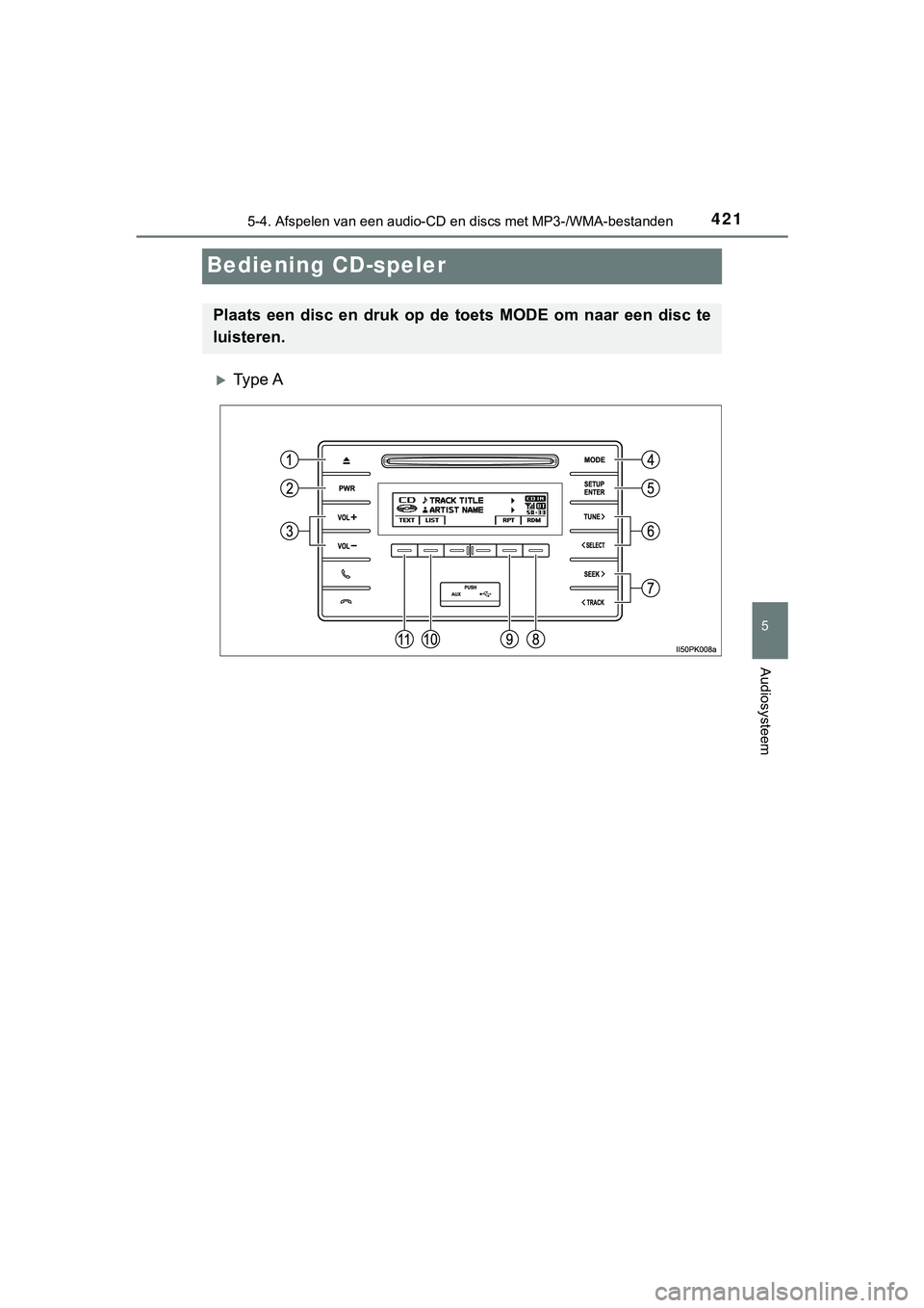 TOYOTA HILUX 2019  Instructieboekje (in Dutch) 421
5
5-4. Afspelen van een audio-CD en discs met MP3-/WMA-bestanden
Audiosysteem
HILUX_OM_OM0K375E_(EE)
Bediening CD-speler
Ty p e  A
Plaats  een  disc  en  druk  op  de  t oets  MODE  om  naar  e