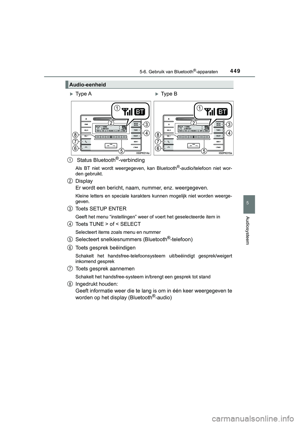 TOYOTA HILUX 2019  Instructieboekje (in Dutch) 4495-6. Gebruik van Bluetooth®-apparaten
5
Audiosysteem
HILUX_OM_OM0K375E_(EE)
 Status Bluetooth®-verbinding
Als  BT  niet  wordt  weergegeven,  kan  Bluetooth®-audio/telefoon  niet  wor-
den gebru