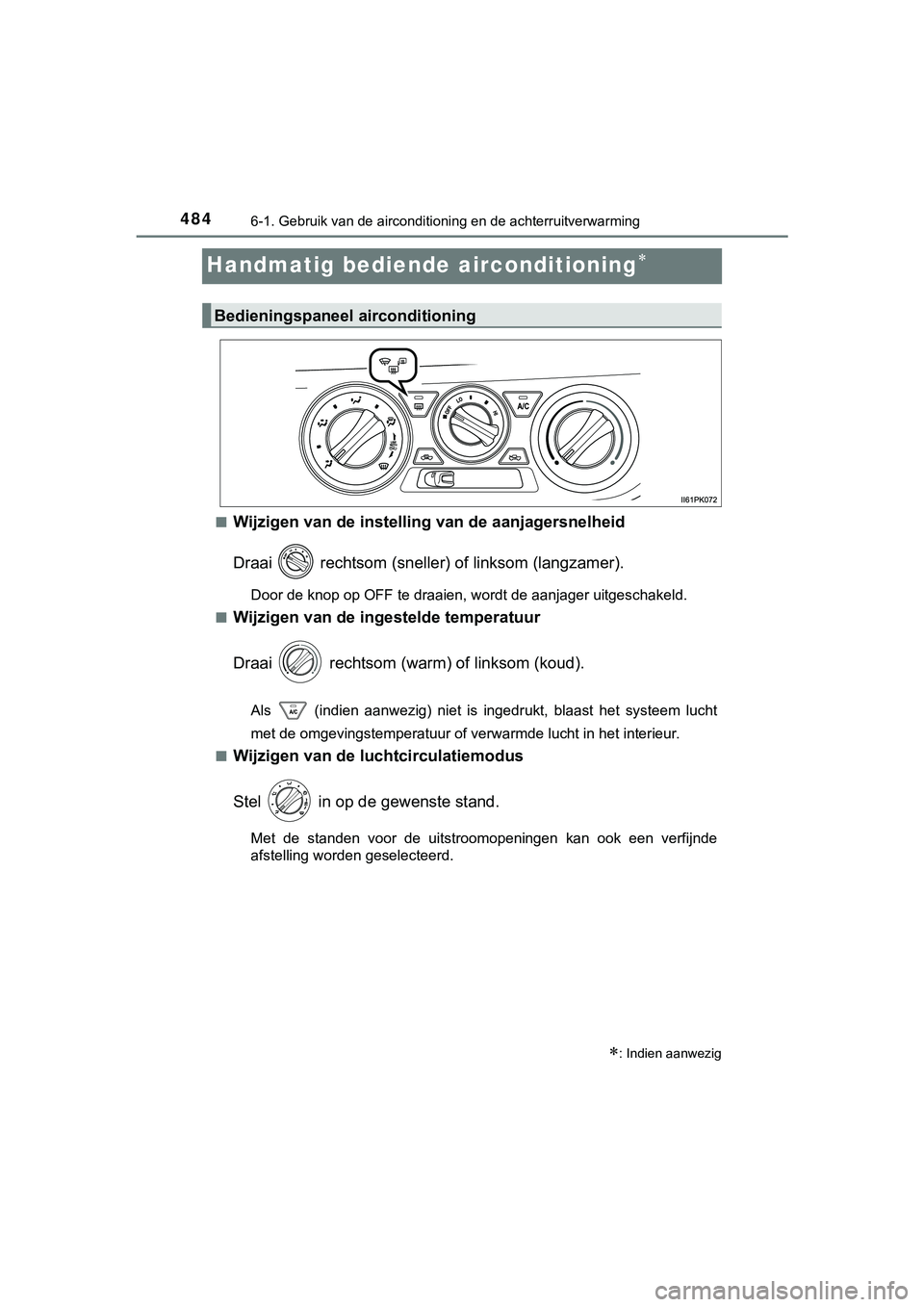 TOYOTA HILUX 2019  Instructieboekje (in Dutch) 4846-1. Gebruik van de airconditioning en de achterruitverwarming
HILUX_OM_OM0K375E_(EE)
Handmatig bediende airconditioning
■Wijzigen van de instelling van de aanjagersnelheid
Draai   rechtsom (s