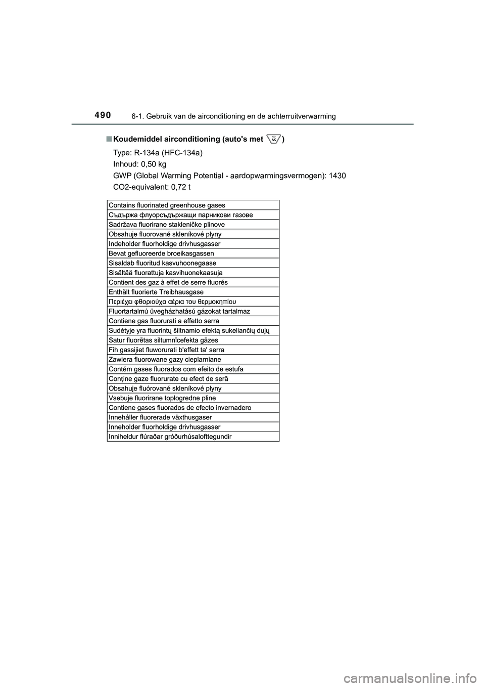 TOYOTA HILUX 2019  Instructieboekje (in Dutch) 4906-1. Gebruik van de airconditioning en de achterruitverwarming
HILUX_OM_OM0K375E_(EE)■
Koudemiddel airconditioning (auto's met  )
Type: R-134a (HFC-134a)
Inhoud: 0,50 kg
GWP (Global Warming P