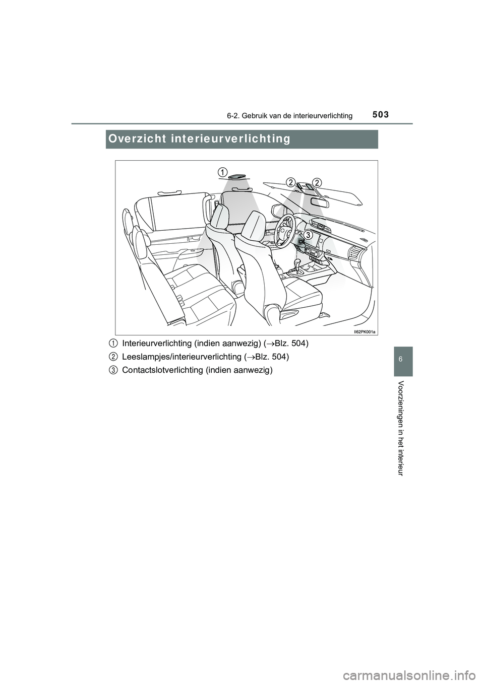 TOYOTA HILUX 2019  Instructieboekje (in Dutch) 5036-2. Gebruik van de interieurverlichting
HILUX_OM_OM0K375E_(EE)
6
Voorzieningen in het interieur
Overzicht interieur verlichting
Interieurverlichting (indien aanwezig) ( Blz. 504)
Leeslampjes/in