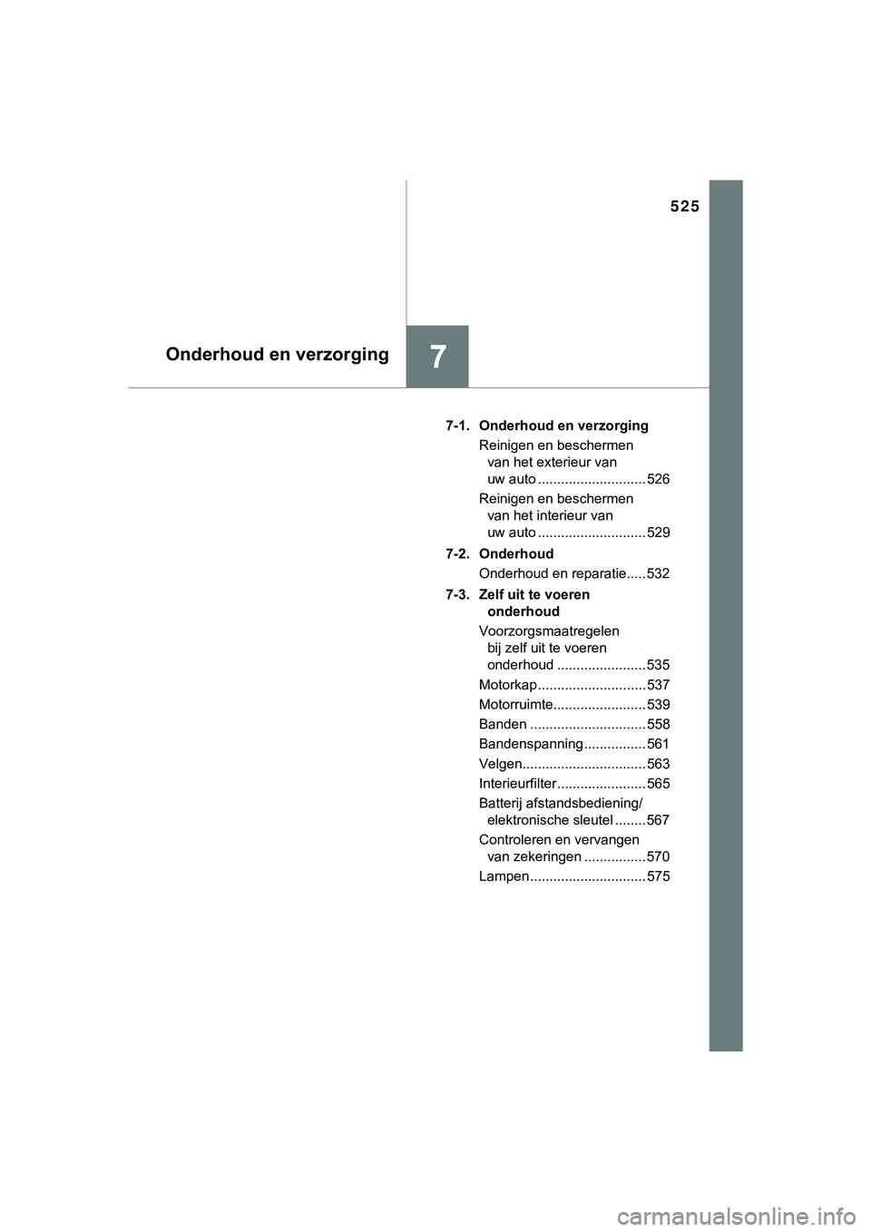 TOYOTA HILUX 2019  Instructieboekje (in Dutch) 525
7Onderhoud en verzorging
HILUX_OM_OM0K375E_(EE)7-1. Onderhoud en verzorging
Reinigen en beschermen van het exterieur van 
uw auto ............................ 526
Reinigen en beschermen  van het i