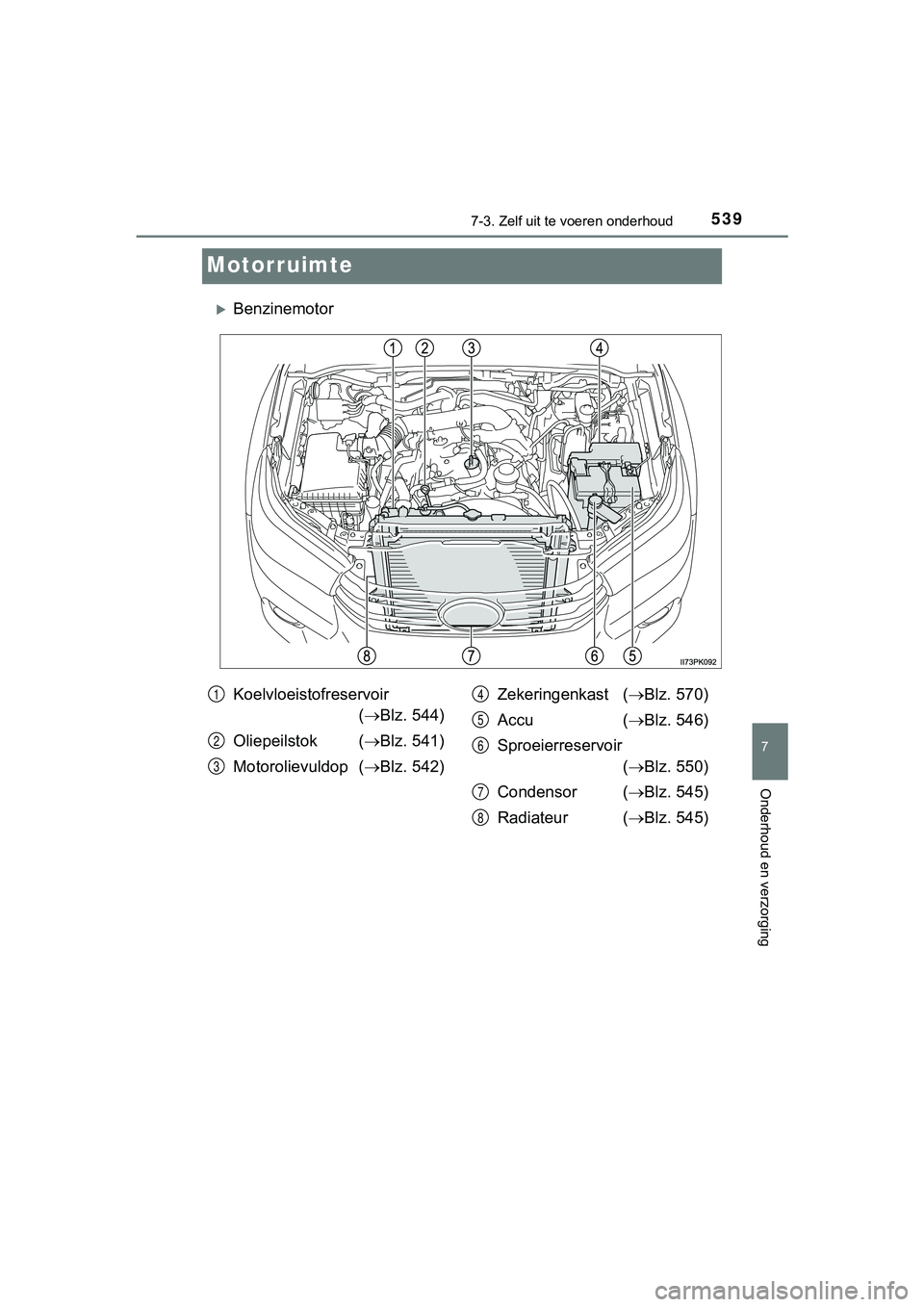 TOYOTA HILUX 2019  Instructieboekje (in Dutch) 5397-3. Zelf uit te voeren onderhoud
HILUX_OM_OM0K375E_(EE)
7
Onderhoud en verzorging
Motorruimte
Benzinemotor
Koelvloeistofreservoir 
( Blz. 544)
Oliepeilstok   ( Blz. 541)
Motorolievuldop (