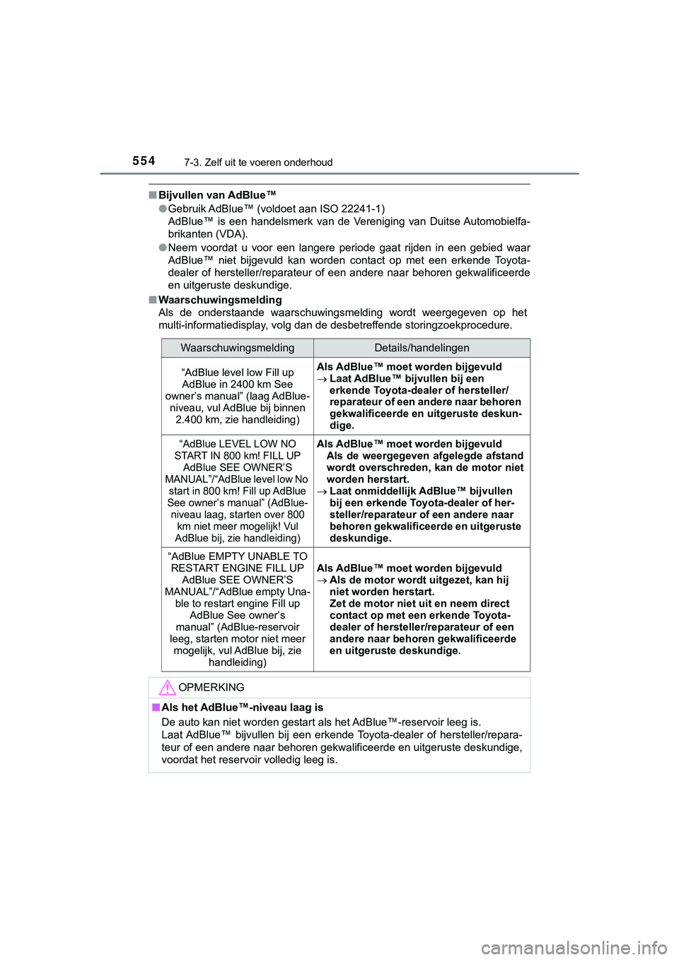 TOYOTA HILUX 2019 Instructieboekje (in Dutch) 5547-3. Zelf uit te voeren onderhoud
HILUX_OM_OM0K375E_(EE)
■Bijvullen van AdBlue™
●Gebruik AdBlue™ (voldoet aan ISO 22241-1)
AdBlue™ is een handelsmerk van de Vereniging van Duitse TOYOTA HILUX 2019 Instructieboekje (in Dutch) 5547-3. Zelf uit te voeren onderhoud
HILUX_OM_OM0K375E_(EE)
■Bijvullen van AdBlue™
●Gebruik AdBlue™ (voldoet aan ISO 22241-1)
AdBlue™ is een handelsmerk van de Vereniging van Duitse