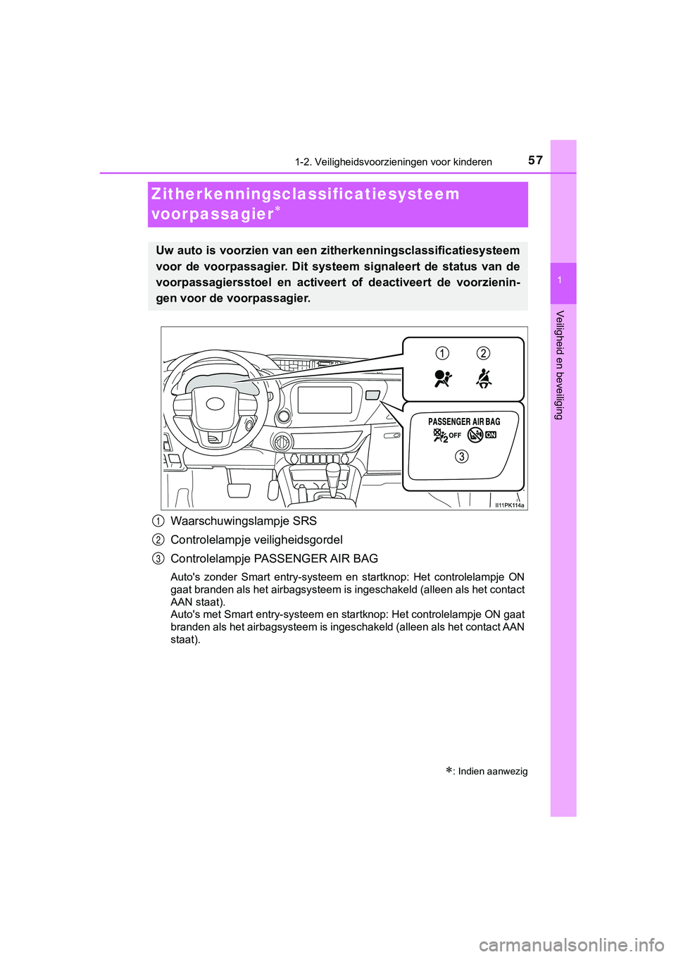 TOYOTA HILUX 2019  Instructieboekje (in Dutch) 571-2. Veiligheidsvoorzieningen voor kinderen
1
HILUX_OM_OM0K375E_(EE)
Veiligheid en beveiliging
Zitherkenningsclassificatiesysteem 
voorpassagier

Waarschuwingslampje SRS
Controlelampje veiligheid