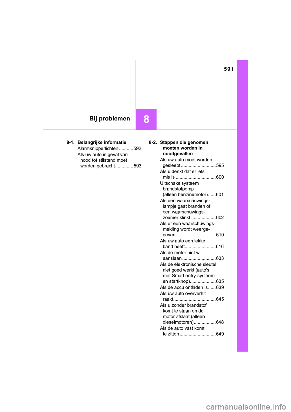 TOYOTA HILUX 2019 Instructieboekje (in Dutch) 591
8Bij problemen
HILUX_OM_OM0K375E_(EE)8-1. Belangrijke informatie
Alarmknipperlichten ........... 592
Als uw auto in geval van nood tot stilstand moet
worden gebracht .............. 593 8-2. Stapp TOYOTA HILUX 2019 Instructieboekje (in Dutch) 591
8Bij problemen
HILUX_OM_OM0K375E_(EE)8-1. Belangrijke informatie
Alarmknipperlichten ........... 592
Als uw auto in geval van nood tot stilstand moet
worden gebracht .............. 593 8-2. Stapp