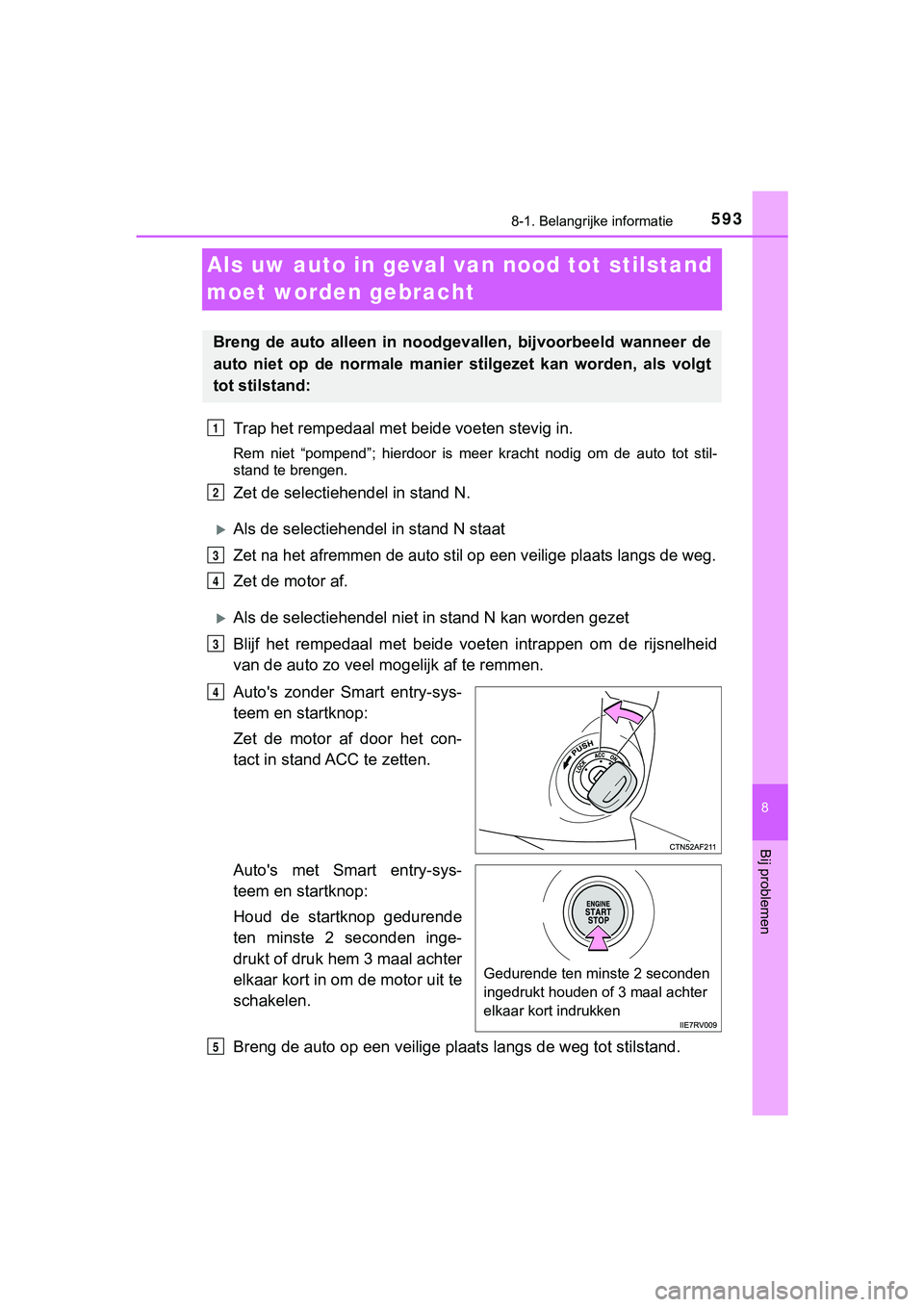 TOYOTA HILUX 2019 Instructieboekje (in Dutch) 5938-1. Belangrijke informatie
HILUX_OM_OM0K375E_(EE)
8
Bij problemen
Als uw auto in geval van nood tot stilstand
moet worden gebracht
Trap het rempedaal met be ide voeten stevig in.
Rem niet “po TOYOTA HILUX 2019 Instructieboekje (in Dutch) 5938-1. Belangrijke informatie
HILUX_OM_OM0K375E_(EE)
8
Bij problemen
Als uw auto in geval van nood tot stilstand
moet worden gebracht
Trap het rempedaal met be ide voeten stevig in.
Rem niet “po