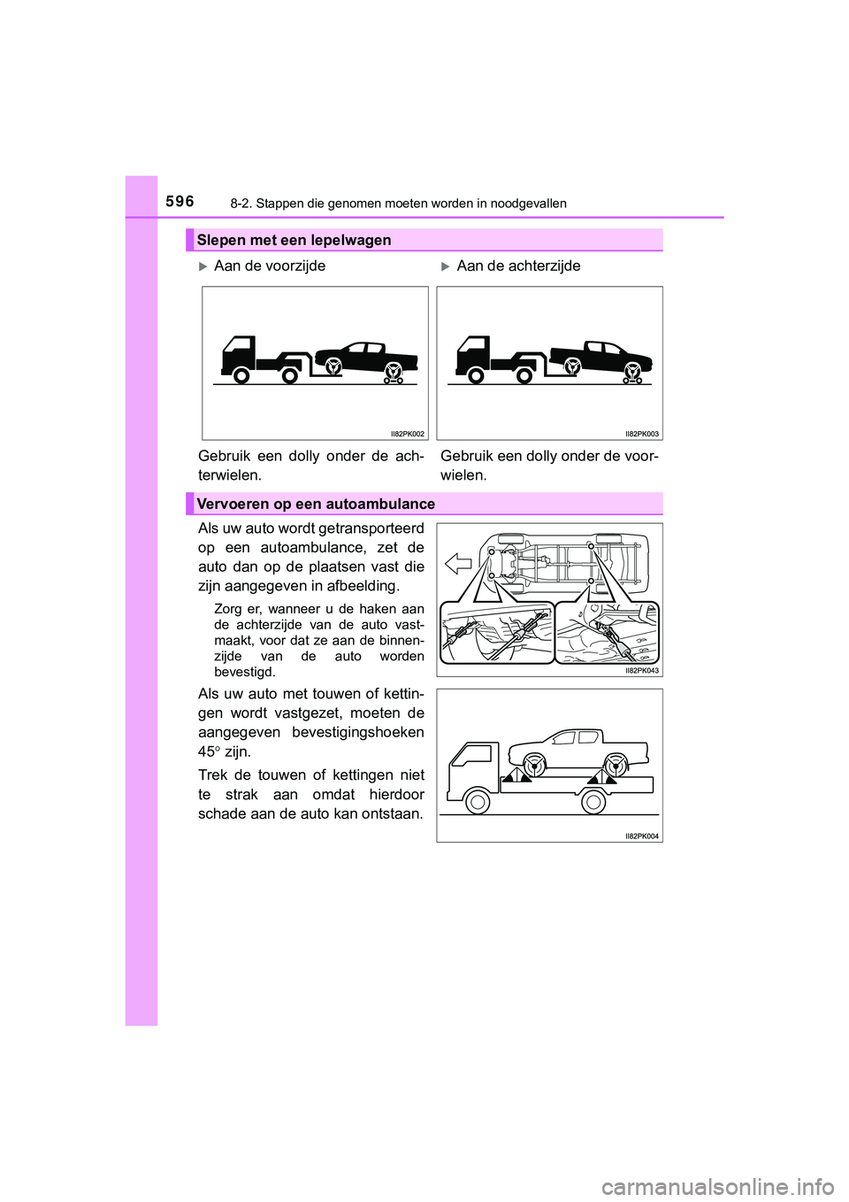 TOYOTA HILUX 2019  Instructieboekje (in Dutch) 5968-2. Stappen die genomen moeten worden in noodgevallen
HILUX_OM_OM0K375E_(EE)
Als uw auto wordt getransporteerd
op  een  autoambulance,  zet  de
auto  dan  op  de  plaatsen  vast  die
zijn aangegev