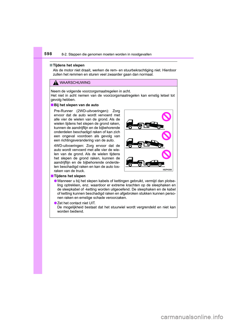 TOYOTA HILUX 2019 Instructieboekje (in Dutch) 5988-2. Stappen die genomen moeten worden in noodgevallen
HILUX_OM_OM0K375E_(EE)
■Tijdens het slepen
Als de motor niet draait, werken de rem- en stuurbekrachtiging niet. Hierdoor
zullen het remmen e TOYOTA HILUX 2019 Instructieboekje (in Dutch) 5988-2. Stappen die genomen moeten worden in noodgevallen
HILUX_OM_OM0K375E_(EE)
■Tijdens het slepen
Als de motor niet draait, werken de rem- en stuurbekrachtiging niet. Hierdoor
zullen het remmen e