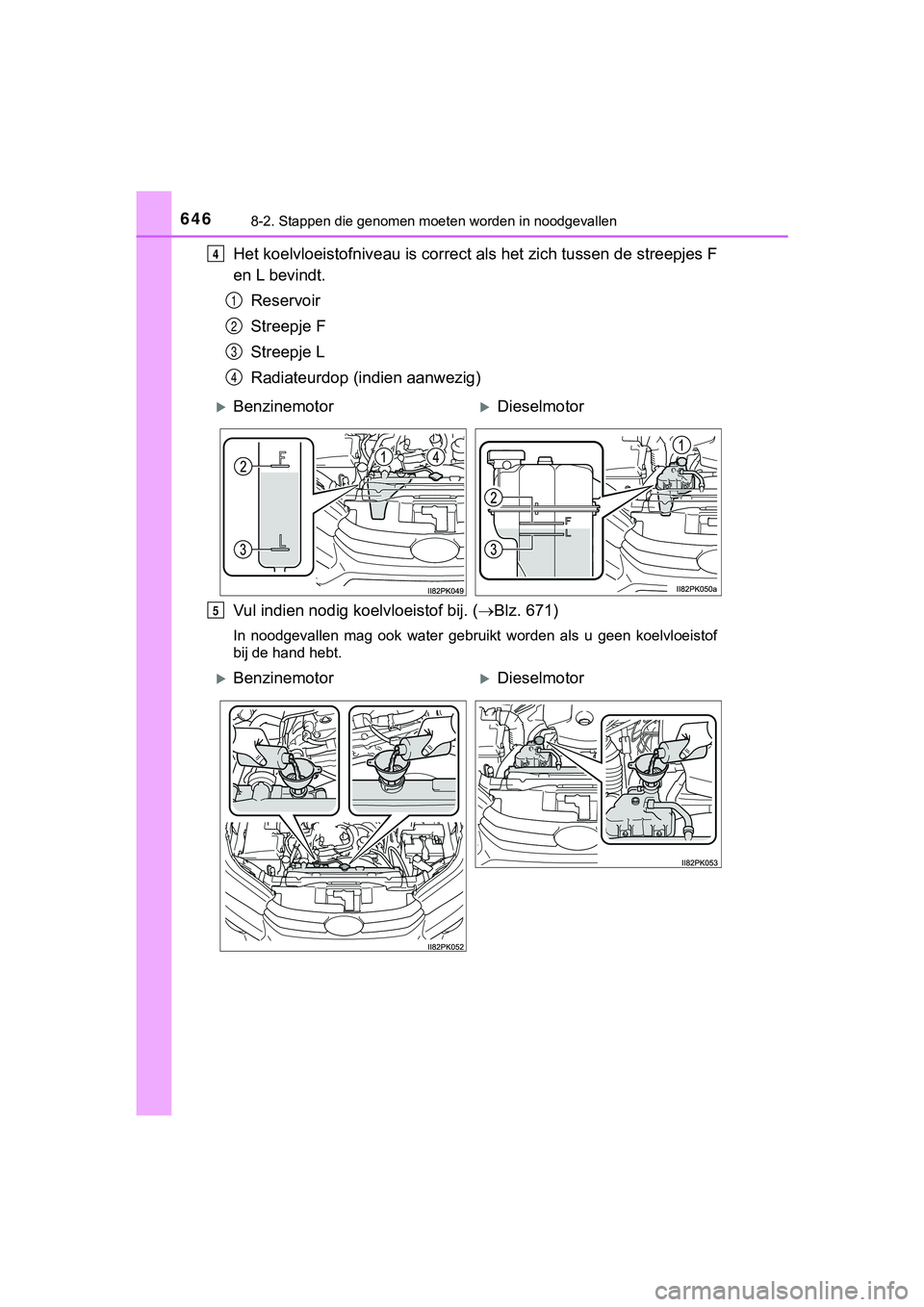 TOYOTA HILUX 2019  Instructieboekje (in Dutch) 6468-2. Stappen die genomen moeten worden in noodgevallen
HILUX_OM_OM0K375E_(EE)
Het koelvloeistofniveau is correct als het zich tussen de stree pjes F
en L bevindt.
Reservoir
Streepje F
Streepje L
Ra