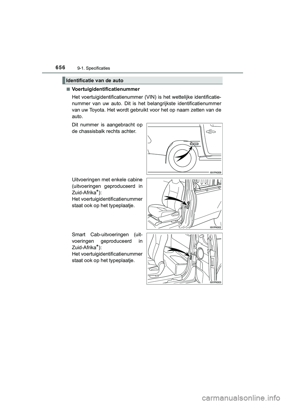 TOYOTA HILUX 2019  Instructieboekje (in Dutch) 6569-1. Specificaties
HILUX_OM_OM0K375E_(EE)■
Voertuigidentificatienummer
Het  voertuigidentificatienummer
  (VIN)  is  het  wettelijke  identificatie-
nummer  van  uw  auto.  Dit  is  het  belangri
