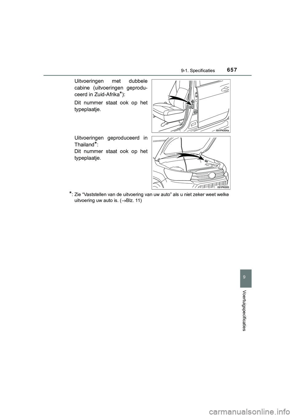 TOYOTA HILUX 2019  Instructieboekje (in Dutch) 657
9
9-1. Specificaties
Voertuigspecificaties
HILUX_OM_OM0K375E_(EE)
Uitvoeringen  met  dubbele
cabine  (uitvoeringen  geprodu-
ceerd in Zuid-Afrika
*):
Dit  nummer  staat  ook  op  het
typeplaatje.
