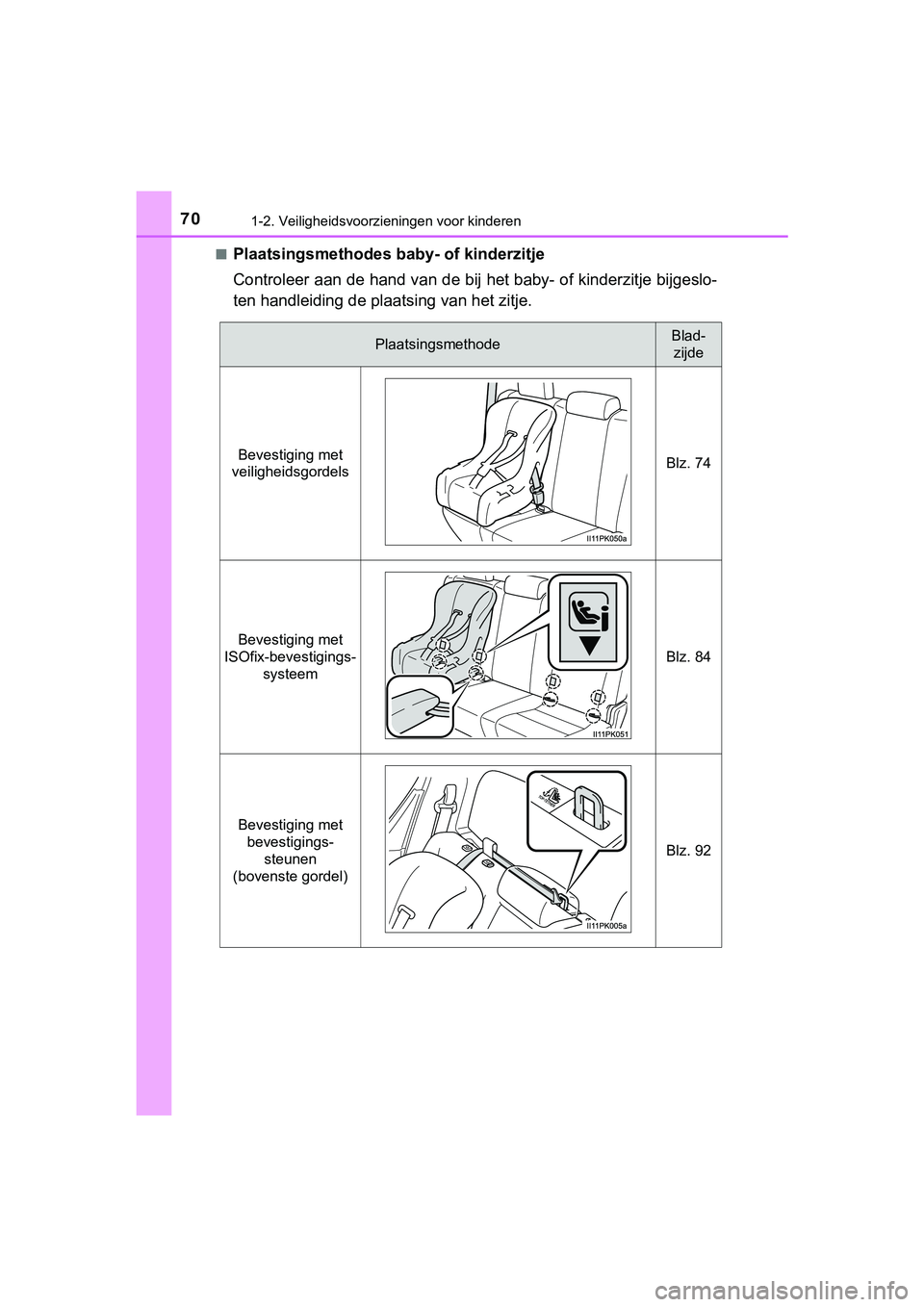 TOYOTA HILUX 2019  Instructieboekje (in Dutch) 701-2. Veiligheidsvoorzieningen voor kinderen
HILUX_OM_OM0K375E_(EE)■
Plaatsingsmethodes ba
by- of kinderzitje
Controleer aan de hand van de bij het baby- of kinderzitje bijg eslo-
ten handleiding d