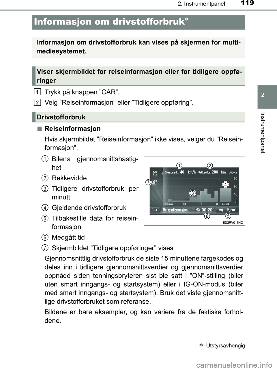 TOYOTA HILUX 2019  Instruksjoner for bruk (in Norwegian) 119
2
2. Instrumentpanel
Instrumentpanel
HILUX_OM_OM0K375NO_(EE)
Informasjon om drivstofforbruk
Trykk på knappen ”CAR”.
Velg ”Reiseinformasjon” eller ”Tidligere oppføring”.
nReiseinfo