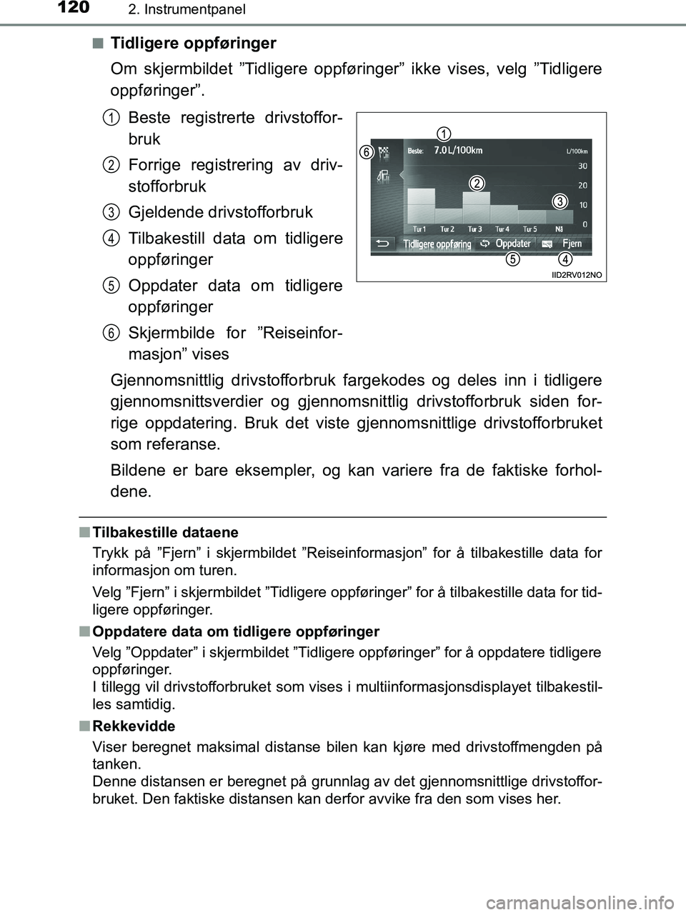 TOYOTA HILUX 2019  Instruksjoner for bruk (in Norwegian) 1202. Instrumentpanel
HILUX_OM_OM0K375NO_(EE)n
Tidligere oppføringer
Om skjermbildet ”Tidlig
ere oppføringer” ikke vises, velg ”Tidligere
oppføringer”.
Beste registrerte drivstoffor-
bruk
F