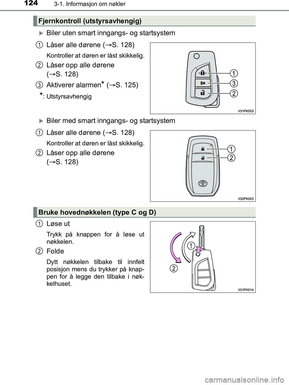 TOYOTA HILUX 2019  Instruksjoner for bruk (in Norwegian) 1243-1. Informasjon om nøkler
HILUX_OM_OM0K375NO_(EE)
Biler uten smart inngangs- og startsystem
Låser alle dørene (S. 128)
Kontroller at døren er låst skikkelig.
Låser opp alle dørene 
(