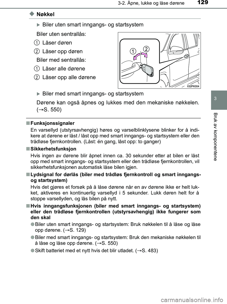 TOYOTA HILUX 2019  Instruksjoner for bruk (in Norwegian) 1293-2. Åpne, lukke og låse dørene
3
Bruk av komponentene
HILUX_OM_OM0K375NO_(EE)
uNøkkel
Biler uten smart inngangs- og startsystem
Biler uten sentrallås: Låser døren
Låser opp døren
Biler