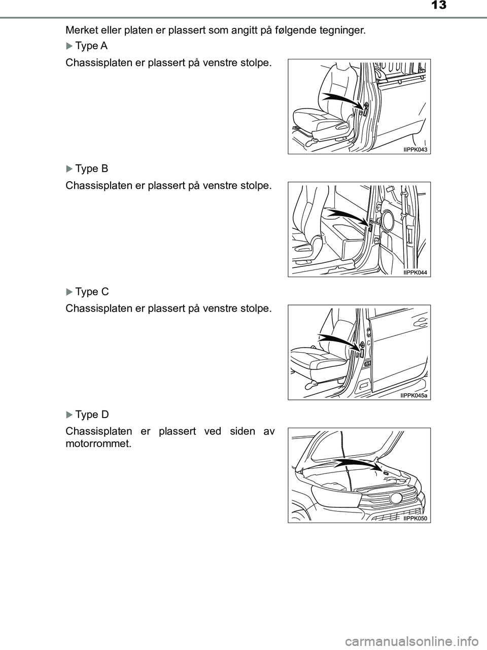 TOYOTA HILUX 2019  Instruksjoner for bruk (in Norwegian) 13
HILUX_OM_OM0K375NO_(EE)Merket eller platen er plassert som angitt på følgende tegninger.
Type A
Type B
Type C
Type D
Chassisplaten er plassert på venstre stolpe.
Chassisplaten er pla
