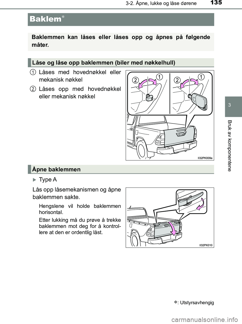 TOYOTA HILUX 2019  Instruksjoner for bruk (in Norwegian) 135
3
3-2. Åpne, lukke og låse dørene
Bruk av komponentene
HILUX_OM_OM0K375NO_(EE)
Baklem
Låses med hovednøkkel eller
mekanisk nøkkel
Låses opp med hovednøkkel
eller mekanisk nøkkel
Ty 