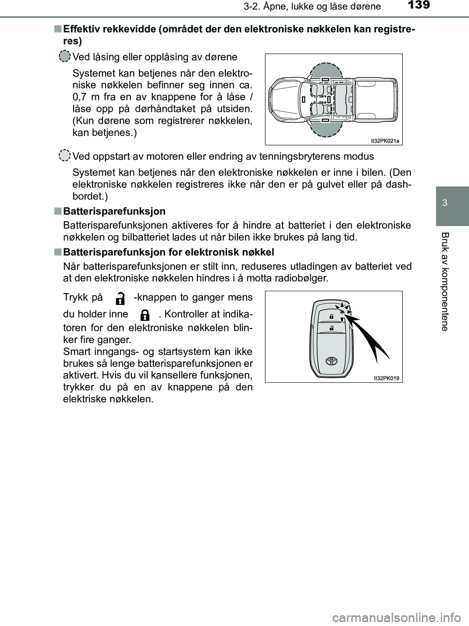 TOYOTA HILUX 2019  Instruksjoner for bruk (in Norwegian) 1393-2. Åpne, lukke og låse dørene
3
Bruk av komponentene
HILUX_OM_OM0K375NO_(EE)n
Effektiv rekkevidde (området der den elektroniske nøkkelen kan registre-
res)
Ved oppstart av motoren eller endr