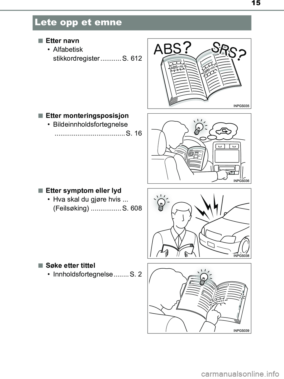 TOYOTA HILUX 2019  Instruksjoner for bruk (in Norwegian) 15
HILUX_OM_OM0K375NO_(EE)
Lete opp et emne
nEtter navn• Alfabetisk  stikkordregister ........... S. 612
nEtter monteringsposisjon• Bildeinnholdsfortegnelse  ..................................... 