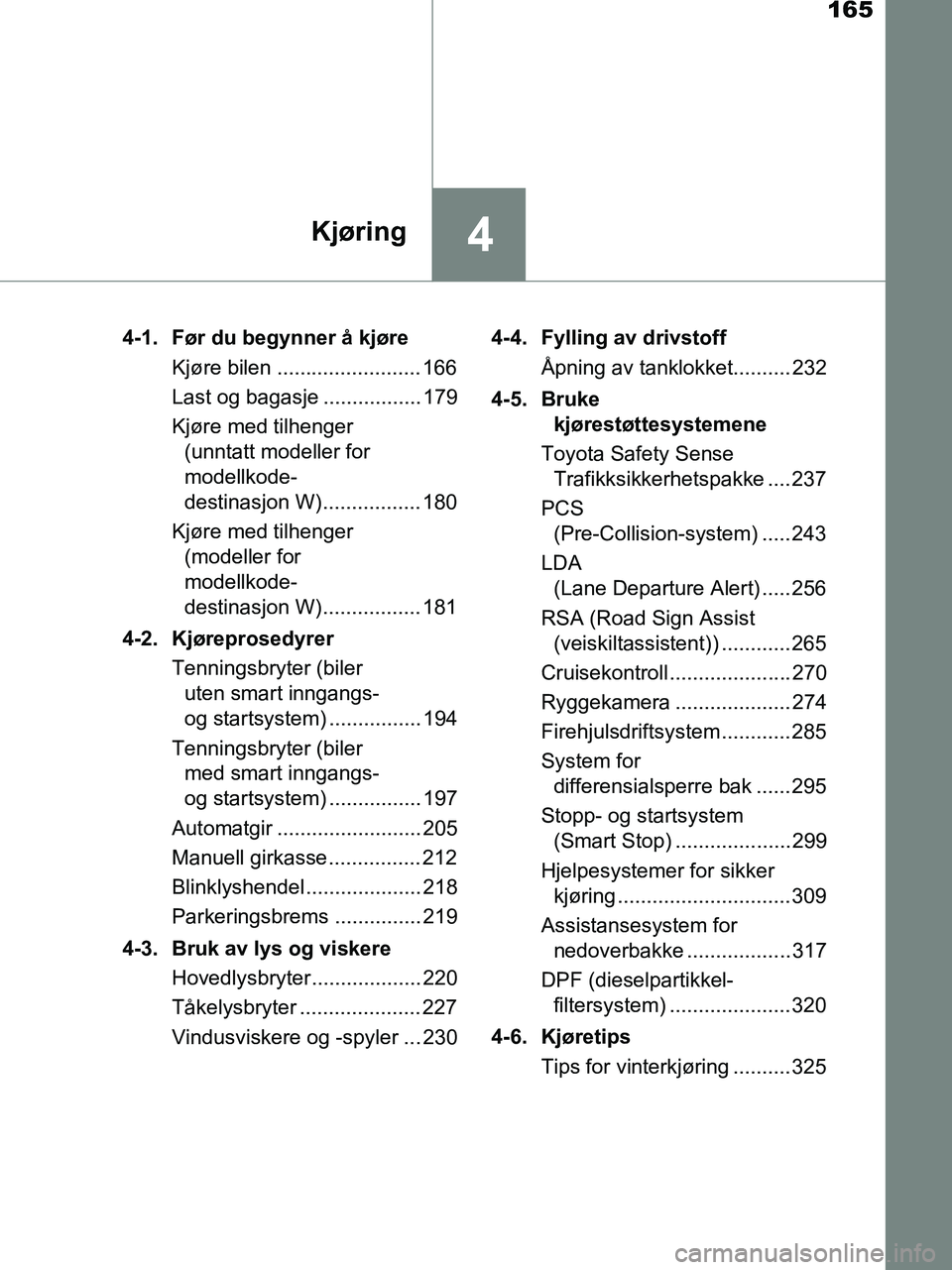 TOYOTA HILUX 2019  Instruksjoner for bruk (in Norwegian) 165
4Kjøring
HILUX_OM_OM0K375NO_(EE)4-1. Før du begynner å kjøre
Kjøre bilen ......................... 166
Last og bagasje ................. 179
Kjøre med tilhenger (unntatt modeller for 
modell