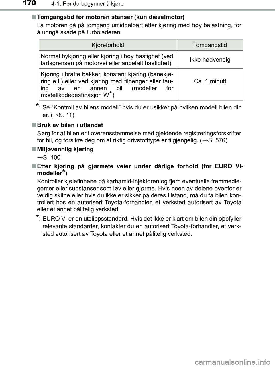 TOYOTA HILUX 2019  Instruksjoner for bruk (in Norwegian) 1704-1. Før du begynner å kjøre
HILUX_OM_OM0K375NO_(EE)n
Tomgangstid før motoren stanser (kun dieselmotor)
La motoren gå på tomgang umiddelbart etter kjøring med høy belastning, for
å unngå 