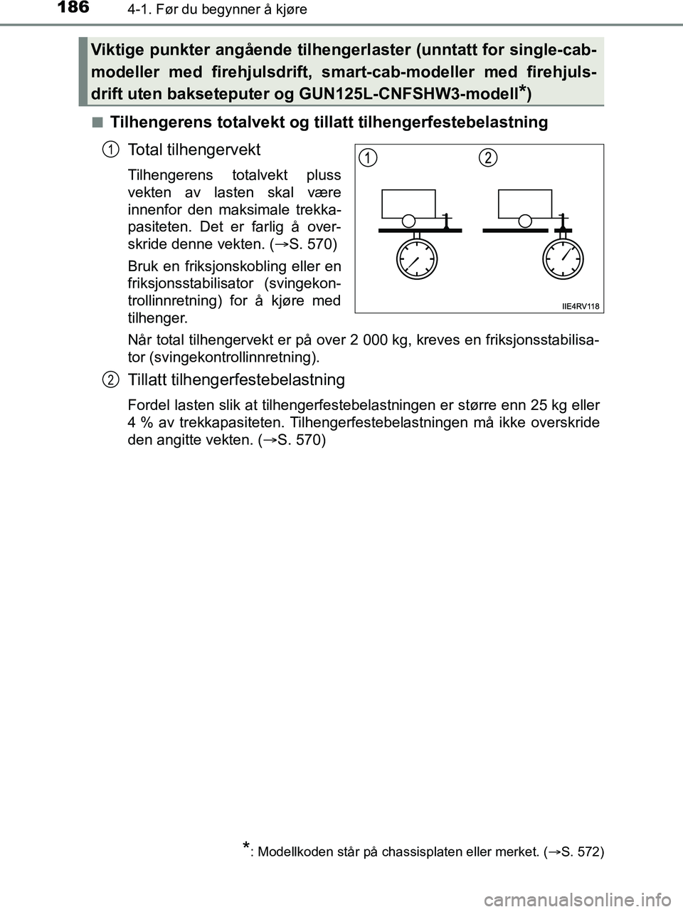 TOYOTA HILUX 2019  Instruksjoner for bruk (in Norwegian) 1864-1. Før du begynner å kjøre
HILUX_OM_OM0K375NO_(EE)n
Tilhengerens totalvekt og tillatt tilhengerfestebelastning
Total tilhengervekt
Tilhengerens totalvekt pluss
vekten av lasten skal være
inne