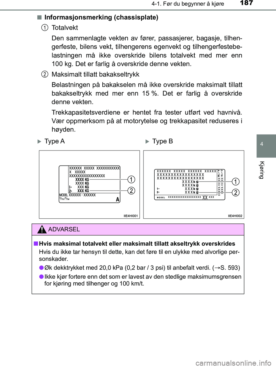 TOYOTA HILUX 2019  Instruksjoner for bruk (in Norwegian) 1874-1. Før du begynner å kjøre
4
Kjøring
HILUX_OM_OM0K375NO_(EE)n
Informasjonsmerking (chassisplate)
Totalvekt
Den sammenlagte vekten av fører,  passasjerer, bagasje, tilhen-
gerfeste, bilens ve