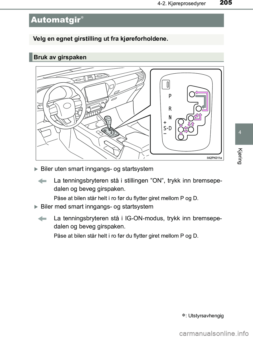 TOYOTA HILUX 2019  Instruksjoner for bruk (in Norwegian) 205
4
4-2. Kjøreprosedyrer
Kjøring
HILUX_OM_OM0K375NO_(EE)
Automatgir
Biler uten smart inngangs- og startsystemLa tenningsbryteren stå i stilli ngen ”ON”, trykk inn bremsepe-
dalen og bev