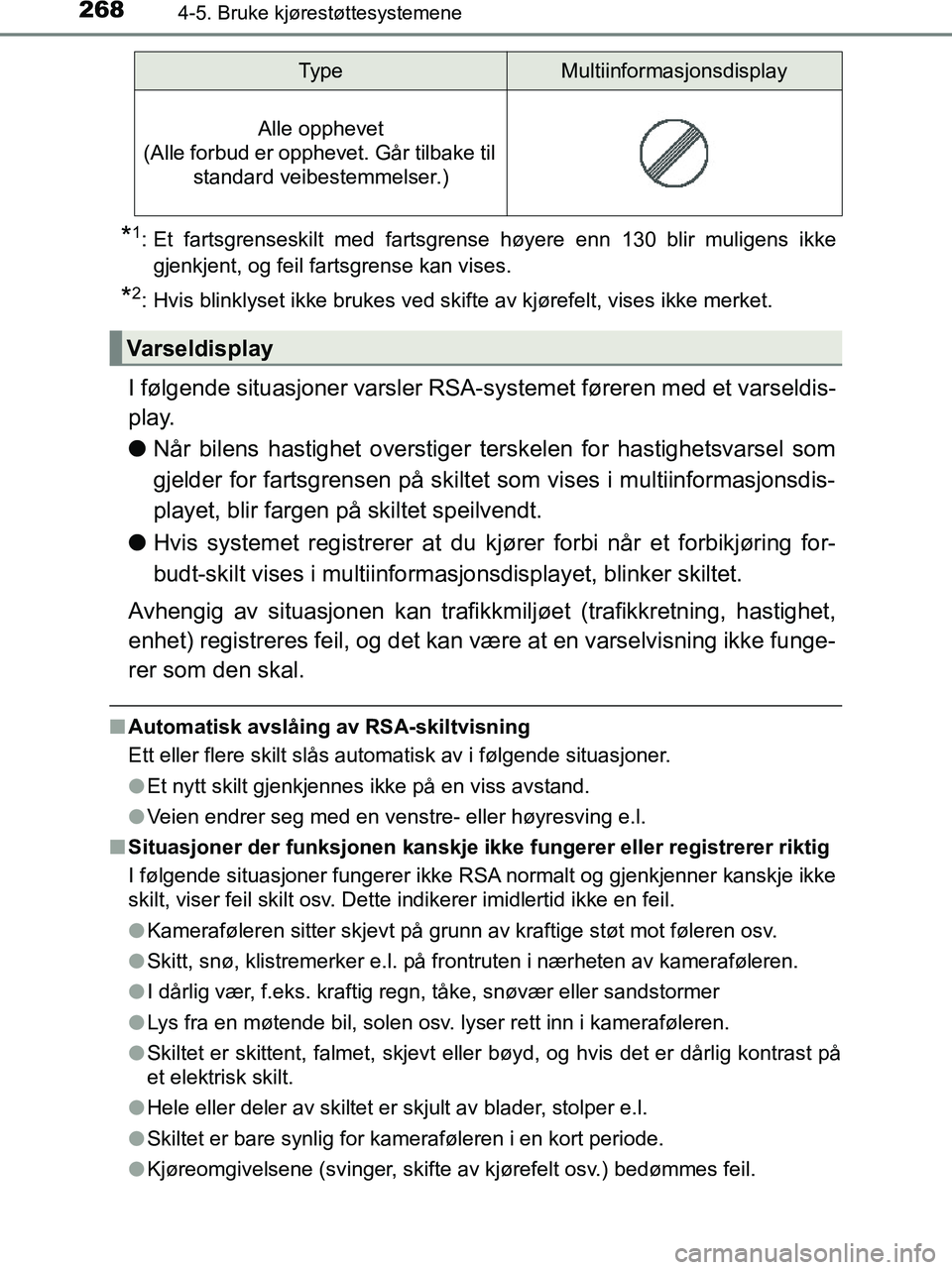 TOYOTA HILUX 2019  Instruksjoner for bruk (in Norwegian) 2684-5. Bruke kjørestøttesystemene
HILUX_OM_OM0K375NO_(EE)
*1: Et fartsgrenseskilt med fartsgrense høyere enn 130 blir muligens ikkegjenkjent, og feil fartsgrense kan vises.
*2: Hvis blinklyset ikk