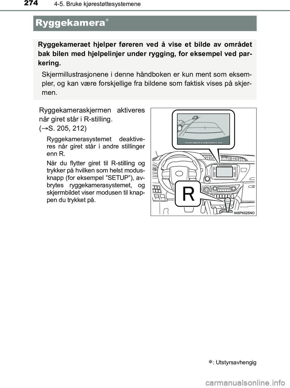 TOYOTA HILUX 2019  Instruksjoner for bruk (in Norwegian) 2744-5. Bruke kjørestøttesystemene
HILUX_OM_OM0K375NO_(EE)
Ryggekamera
Ryggekameraskjermen aktiveres
når giret står i R-stilling. 
( S. 205, 212)
Ryggekamerasystemet deaktive-
res når giret