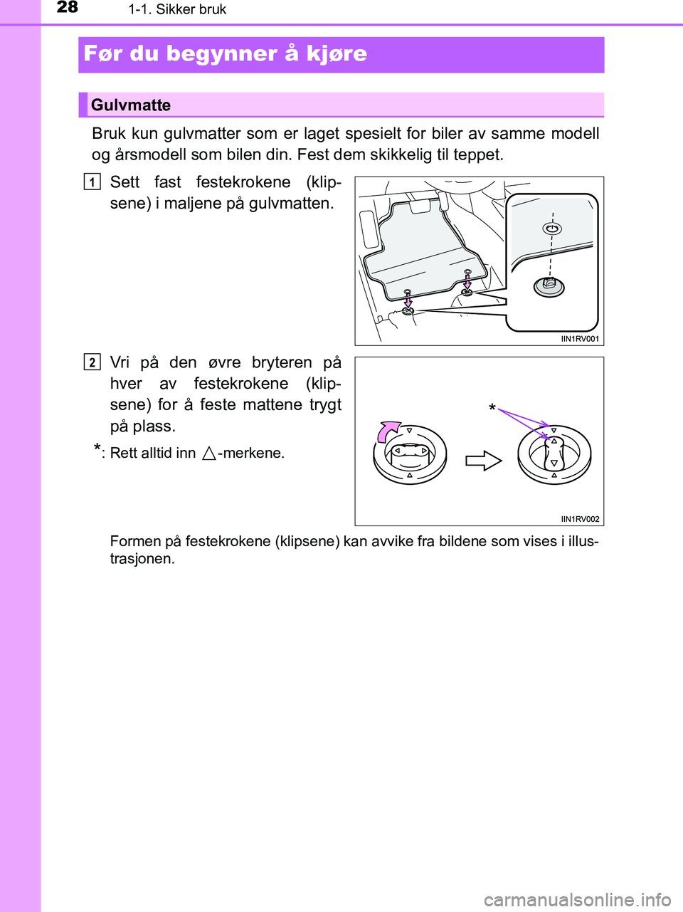 TOYOTA HILUX 2019  Instruksjoner for bruk (in Norwegian) 281-1. Sikker bruk
HILUX_OM_OM0K375NO_(EE)
Før du begynner å kjøre
Bruk kun gulvmatter som er laget spesielt for biler av samme modell
og årsmodell som bilen din. Fest dem skikkelig til teppet.Set