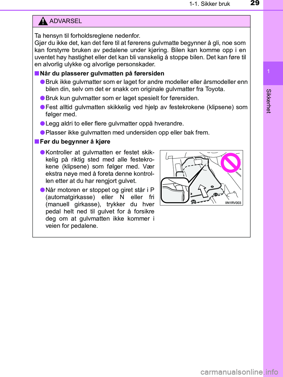 TOYOTA HILUX 2019 Instruksjoner for bruk (in Norwegian) 291-1. Sikker bruk
1
HILUX_OM_OM0K375NO_(EE)
Sikkerhet
ADVARSEL
Ta hensyn til forholdsreglene nedenfor.
Gjør du ikke det, kan det føre til at førerens gulvmatte begynner å gli, noe som
kan forsty TOYOTA HILUX 2019 Instruksjoner for bruk (in Norwegian) 291-1. Sikker bruk
1
HILUX_OM_OM0K375NO_(EE)
Sikkerhet
ADVARSEL
Ta hensyn til forholdsreglene nedenfor.
Gjør du ikke det, kan det føre til at førerens gulvmatte begynner å gli, noe som
kan forsty