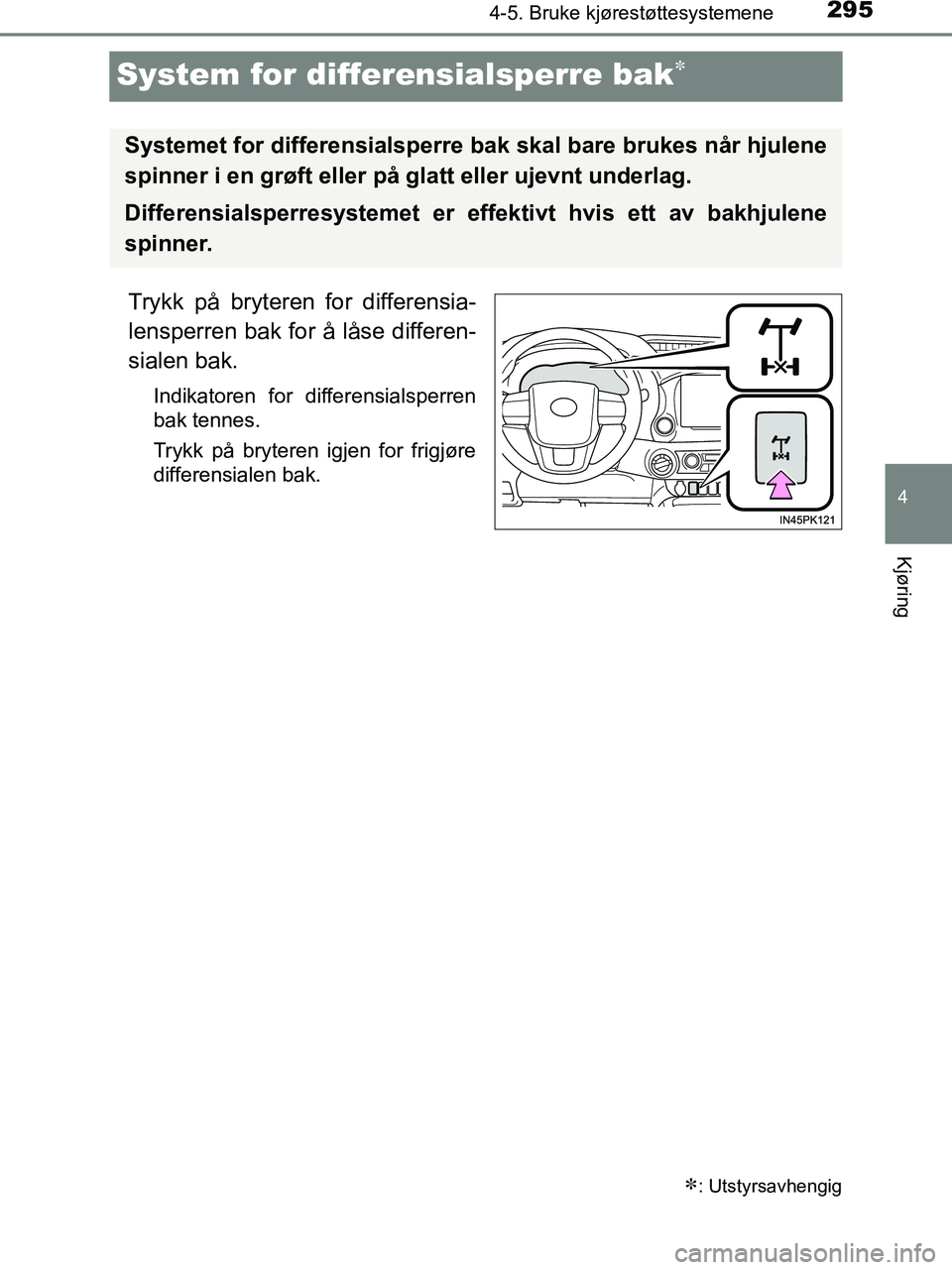 TOYOTA HILUX 2019  Instruksjoner for bruk (in Norwegian) 295
4
4-5. Bruke kjørestøttesystemene
Kjøring
HILUX_OM_OM0K375NO_(EE)
System for differensialsperre bak
Trykk på bryteren for differensia-
lensperren bak for å låse differen-
sialen bak.
Indi
