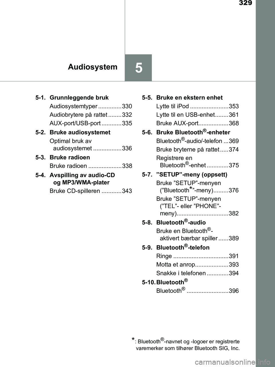 TOYOTA HILUX 2019 Instruksjoner for bruk (in Norwegian) 329
5Audiosystem
HILUX_OM_OM0K375NO_(EE)5-1. Grunnleggende bruk
Audiosystemtyper .............. 330
Audiobrytere på rattet ........ 332
AUX-port/USB-port ............ 335
5-2. Bruke audiosystemet Opt TOYOTA HILUX 2019 Instruksjoner for bruk (in Norwegian) 329
5Audiosystem
HILUX_OM_OM0K375NO_(EE)5-1. Grunnleggende bruk
Audiosystemtyper .............. 330
Audiobrytere på rattet ........ 332
AUX-port/USB-port ............ 335
5-2. Bruke audiosystemet Opt