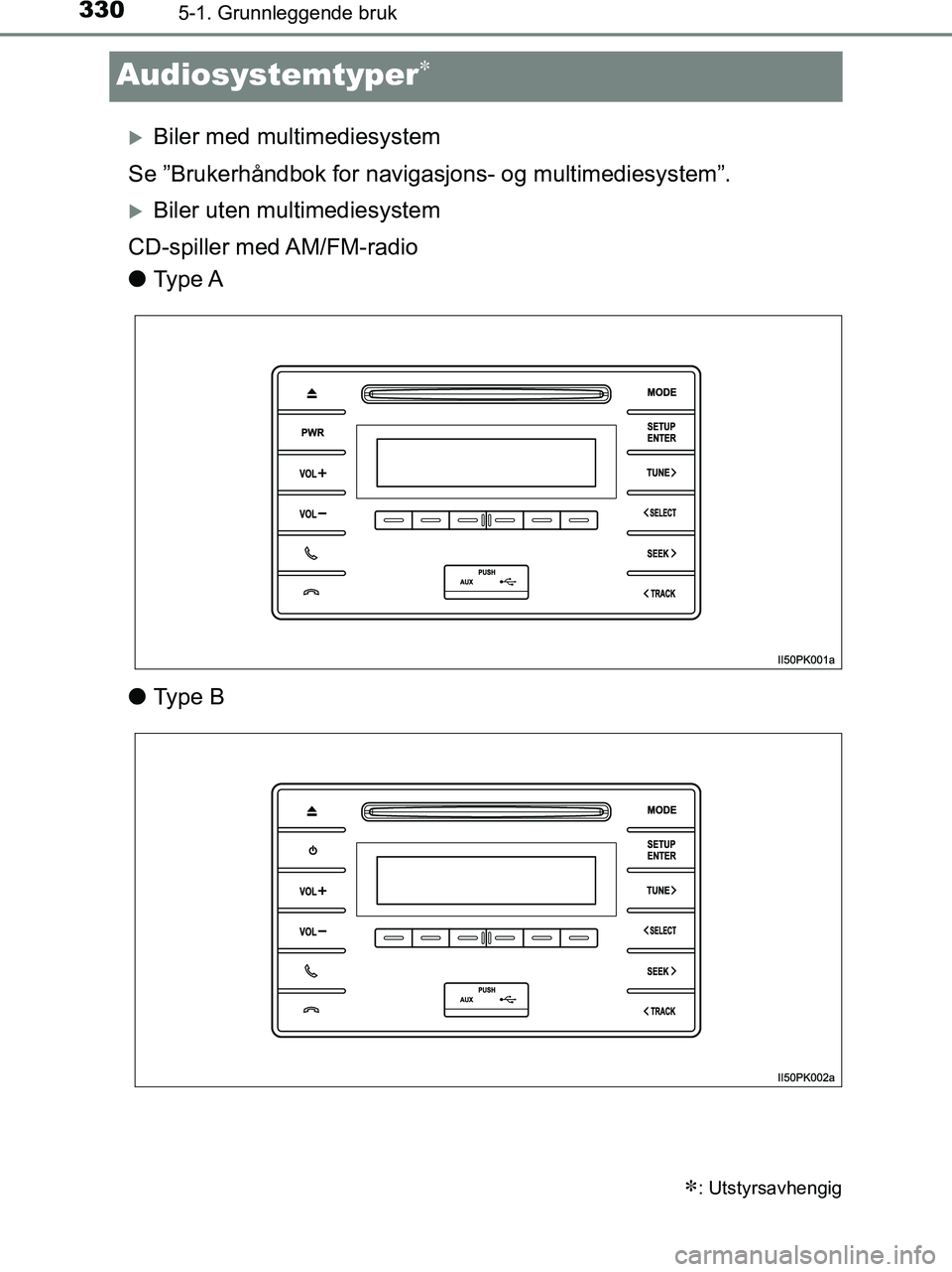 TOYOTA HILUX 2019  Instruksjoner for bruk (in Norwegian) 3305-1. Grunnleggende bruk
HILUX_OM_OM0K375NO_(EE)
Audiosystemtyper
Biler med multimediesystem
Se ”Brukerhåndbok for navigasjons- og multimediesystem”.
Biler uten multimediesystem
CD-spi