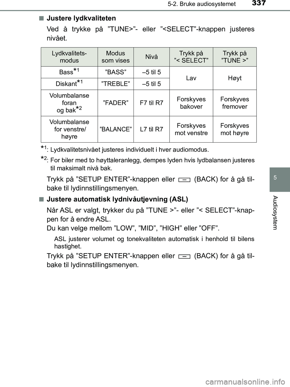 TOYOTA HILUX 2019  Instruksjoner for bruk (in Norwegian) 3375-2. Bruke audiosystemet
5
Audiosystem
HILUX_OM_OM0K375NO_(EE)n
Justere lydkvaliteten
Ved å trykke på ”TUNE>”- eller ”<SELECT”-knappen justeres
nivået.
*1: Lydkvalitetsnivået justeres i