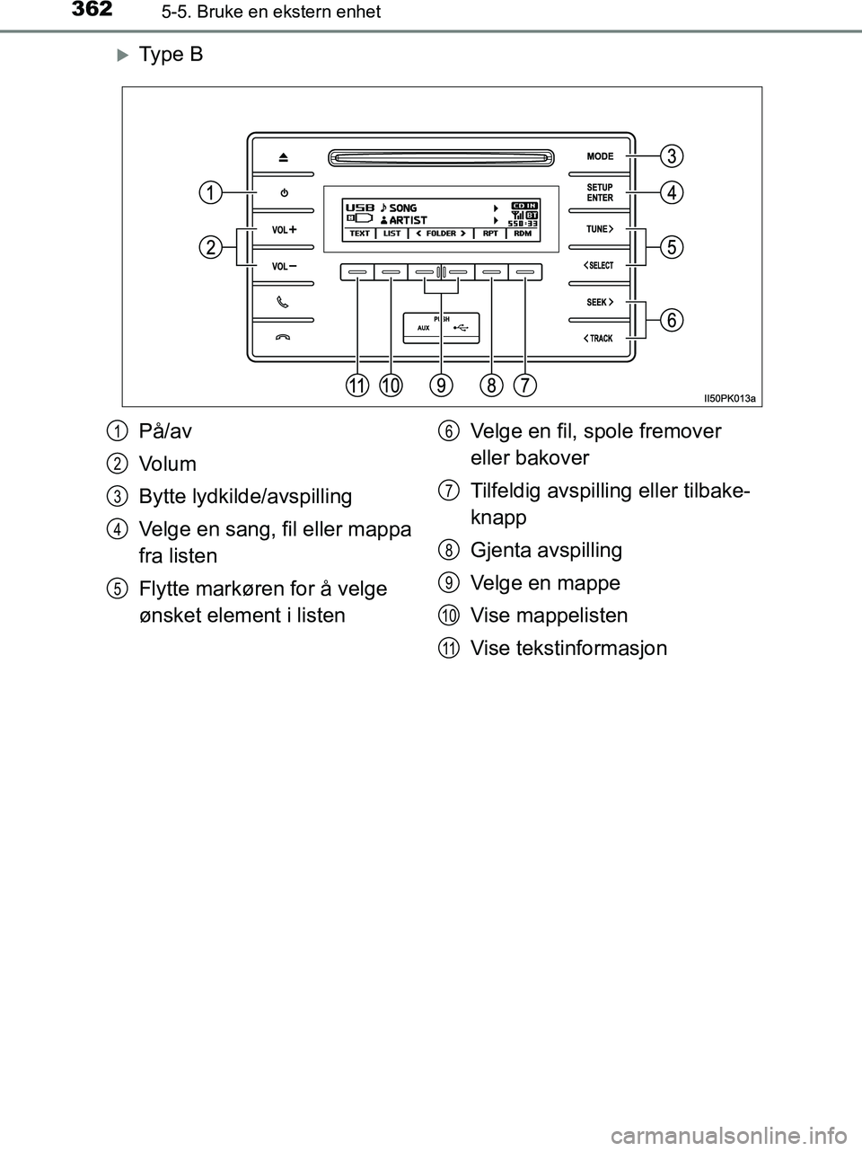 TOYOTA HILUX 2019  Instruksjoner for bruk (in Norwegian) 3625-5. Bruke en ekstern enhet
HILUX_OM_OM0K375NO_(EE)
Ty p e  B
På/av
Volum
Bytte lydkilde/avspilling
Velge en sang, fil eller mappa 
fra listen
Flytte markøren for å velge 
ønsket element i l