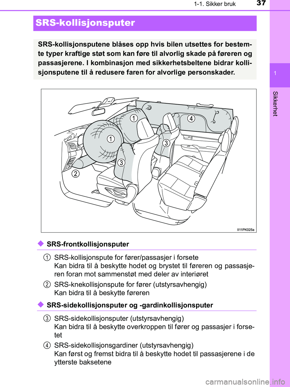 TOYOTA HILUX 2019  Instruksjoner for bruk (in Norwegian) 371-1. Sikker bruk
1
Sikkerhet
HILUX_OM_OM0K375NO_(EE)
SRS-kollisjonsputer
uSRS-frontkollisjonsputerSRS-kollisjonspute for fører/passasjer i forsete
Kan bidra til å beskytte hodet og brystet til fø