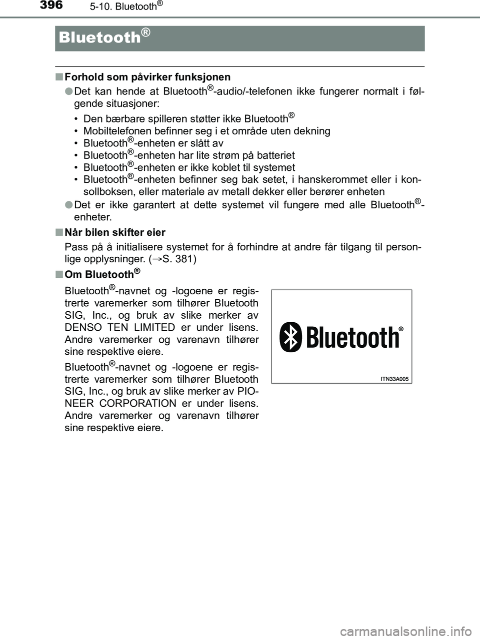 TOYOTA HILUX 2019  Instruksjoner for bruk (in Norwegian) 3965-10. Bluetooth®
HILUX_OM_OM0K375NO_(EE)
Bluetooth®
nForhold som påvirker funksjonen
lDet kan hende at Bluetooth®-audio/-telefonen ikke fungerer normalt i føl-
gende situasjoner:
• Den bærb