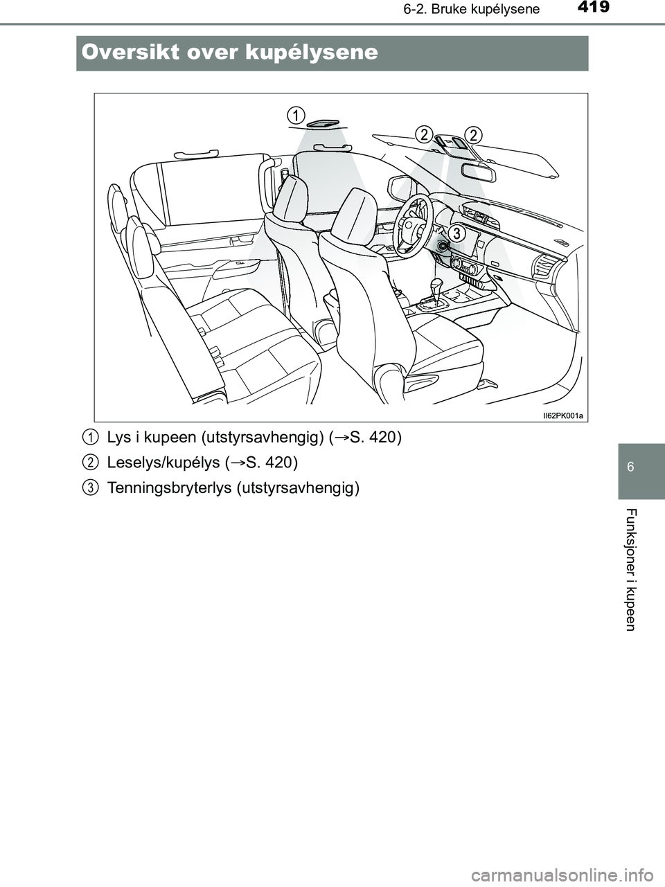 TOYOTA HILUX 2019  Instruksjoner for bruk (in Norwegian) 4196-2. Bruke kupélysene
HILUX_OM_OM0K375NO_(EE)
6
Funksjoner i kupeen
Oversikt over kupélysene
Lys i kupeen (utstyrsavhengig) (S. 420)
Leselys/kupélys ( S. 420)
Tenningsbryterlys (utstyrsavh