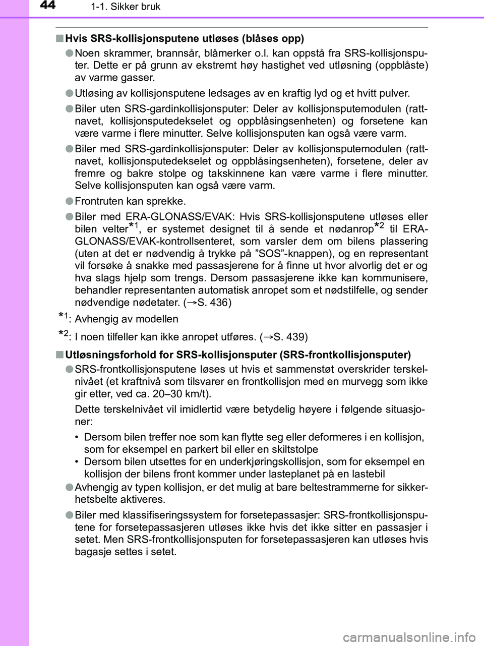 TOYOTA HILUX 2019  Instruksjoner for bruk (in Norwegian) 441-1. Sikker bruk
HILUX_OM_OM0K375NO_(EE)
nHvis SRS-kollisjonsputene utløses (blåses opp)
lNoen skrammer, brannsår, blåmerker o.l. kan oppstå fra SRS-kollisjonspu-
ter. Dette er på grunn av eks